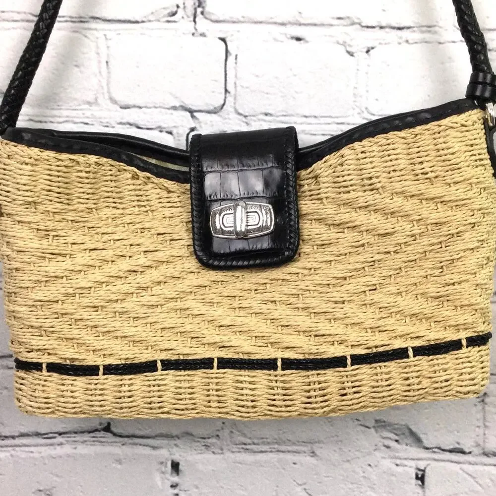 Brighton Cottagecore Cream Woven Straw Black Leather Braided Handle Baguette